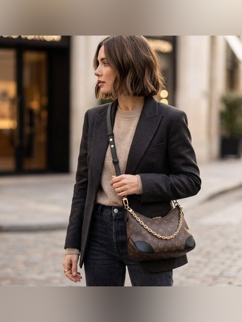 Monogram Pattern Brown Shoulder Bag with Gold Chain Accent